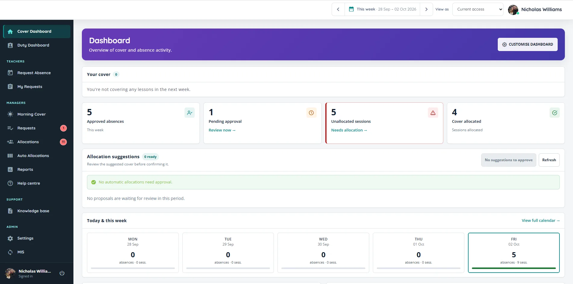 Cover Manager dashboard showing approved absences, unallocated sessions and allocation suggestions