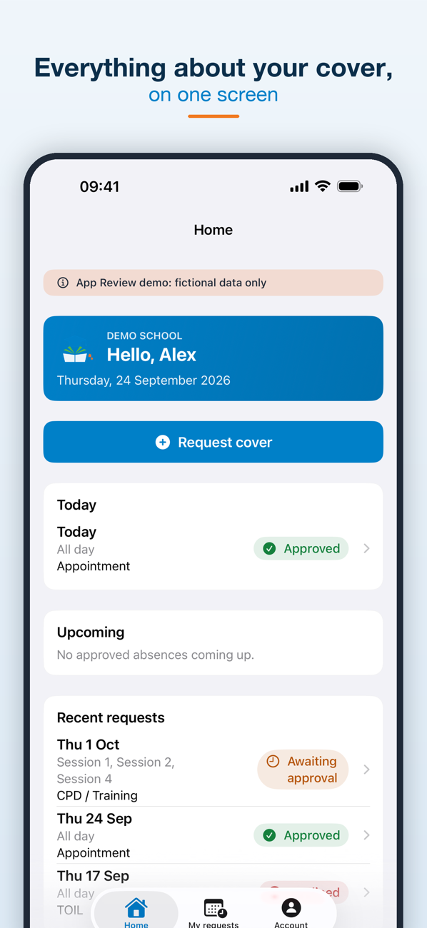 Cover Manager iPhone app home screen showing today’s absence, upcoming cover and recent requests