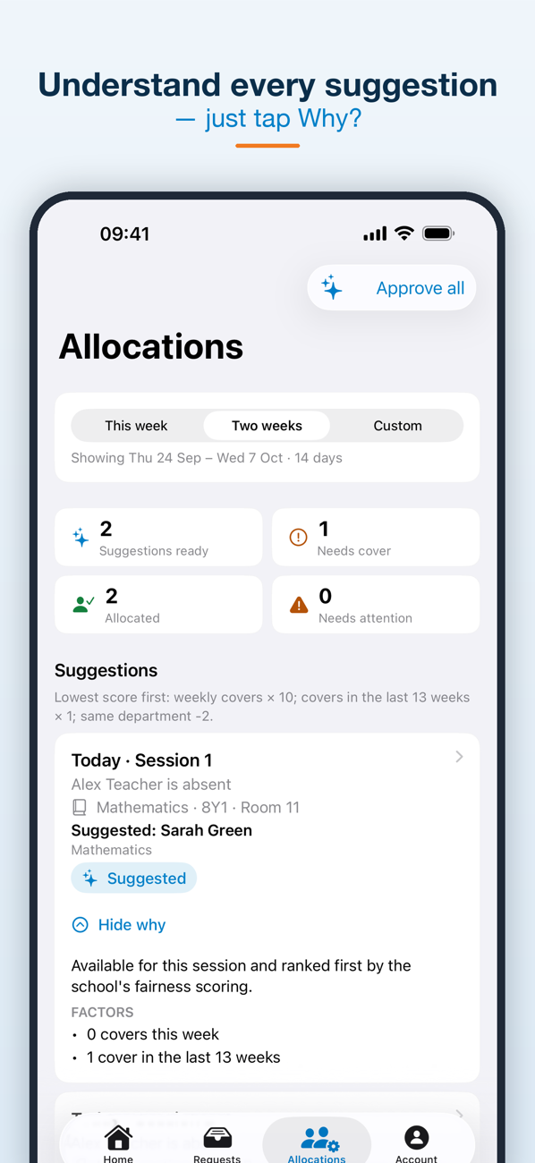 Cover Manager iPhone app explaining why a member of staff is suggested for cover